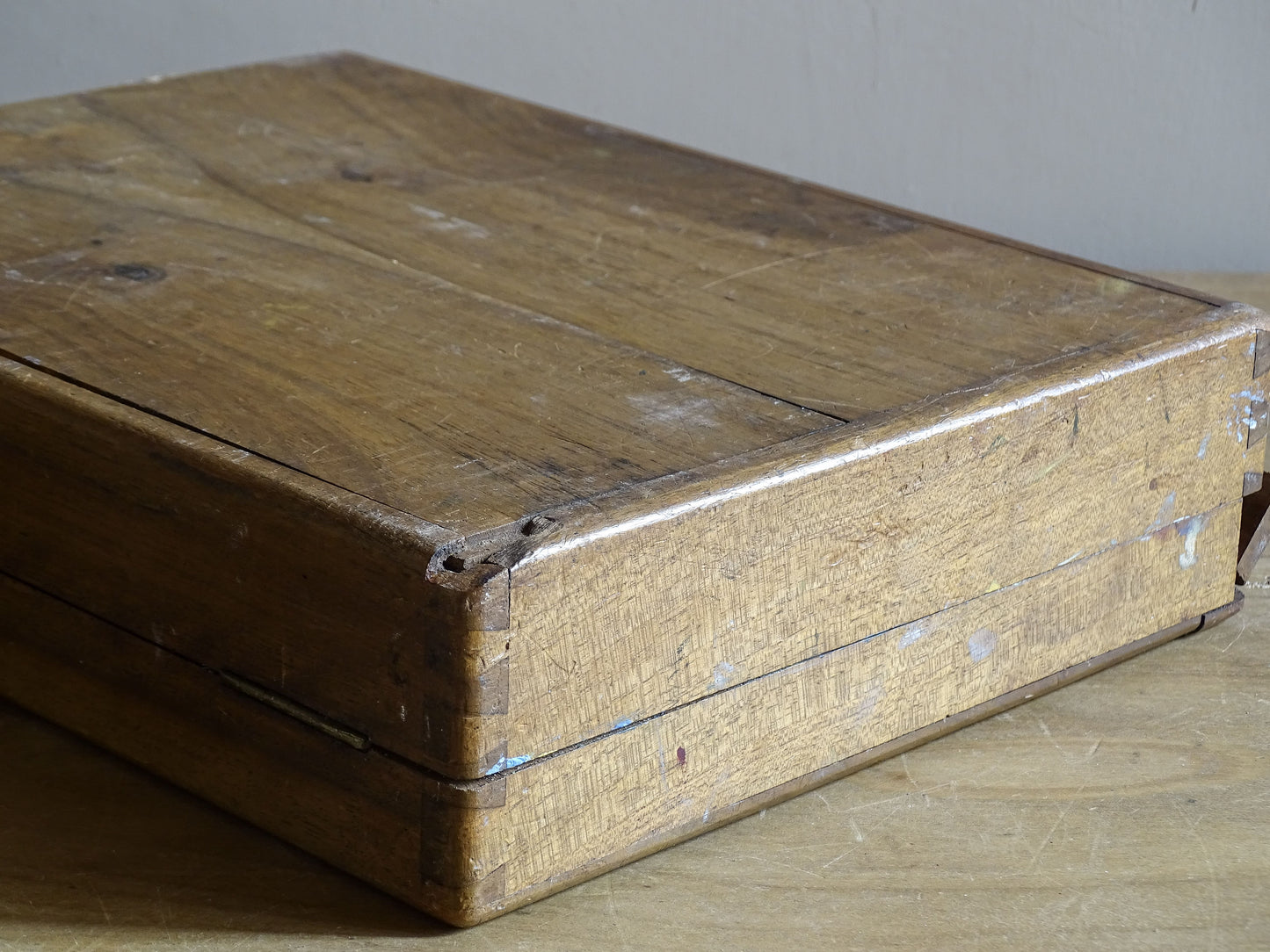 Paint-stained antique French art box with palette and fitted storage sections