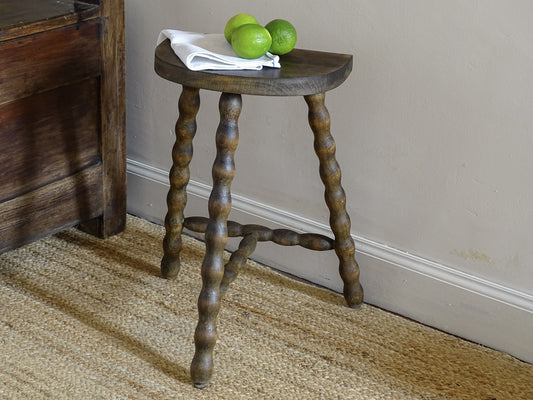 Vintage French demi-lune wooden stool with bobbin-turned legs