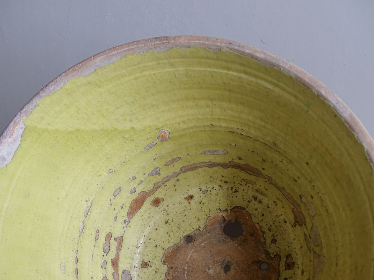 Antique French yellow-glazed terracotta bowl or garden planter