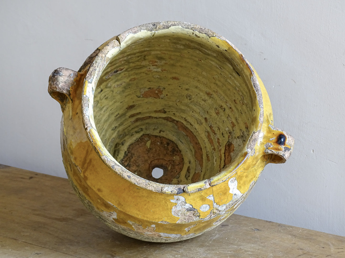 antique French yellow glazed confit pot