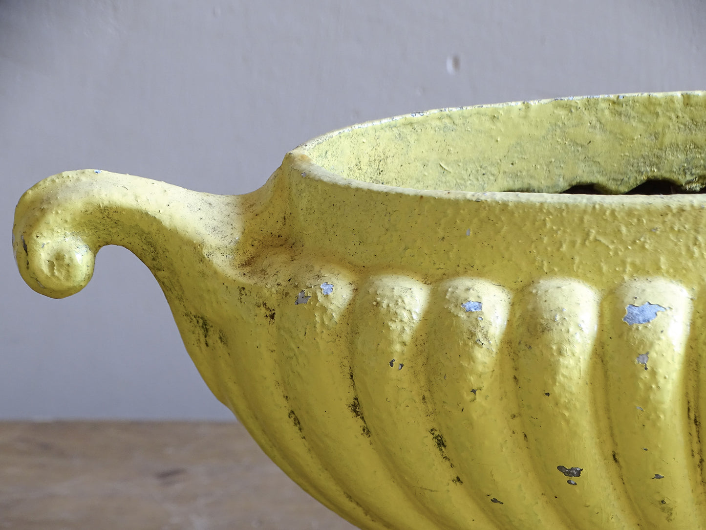 Detail of a French antique cast iron jardinière showing its distressed yellow painted surface.