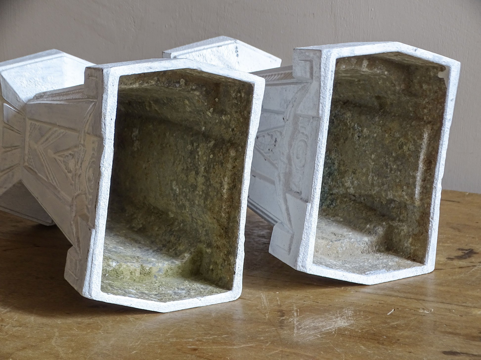 Pair of vintage French aluminium vases with weathered interiors and aged green patina from previous use.