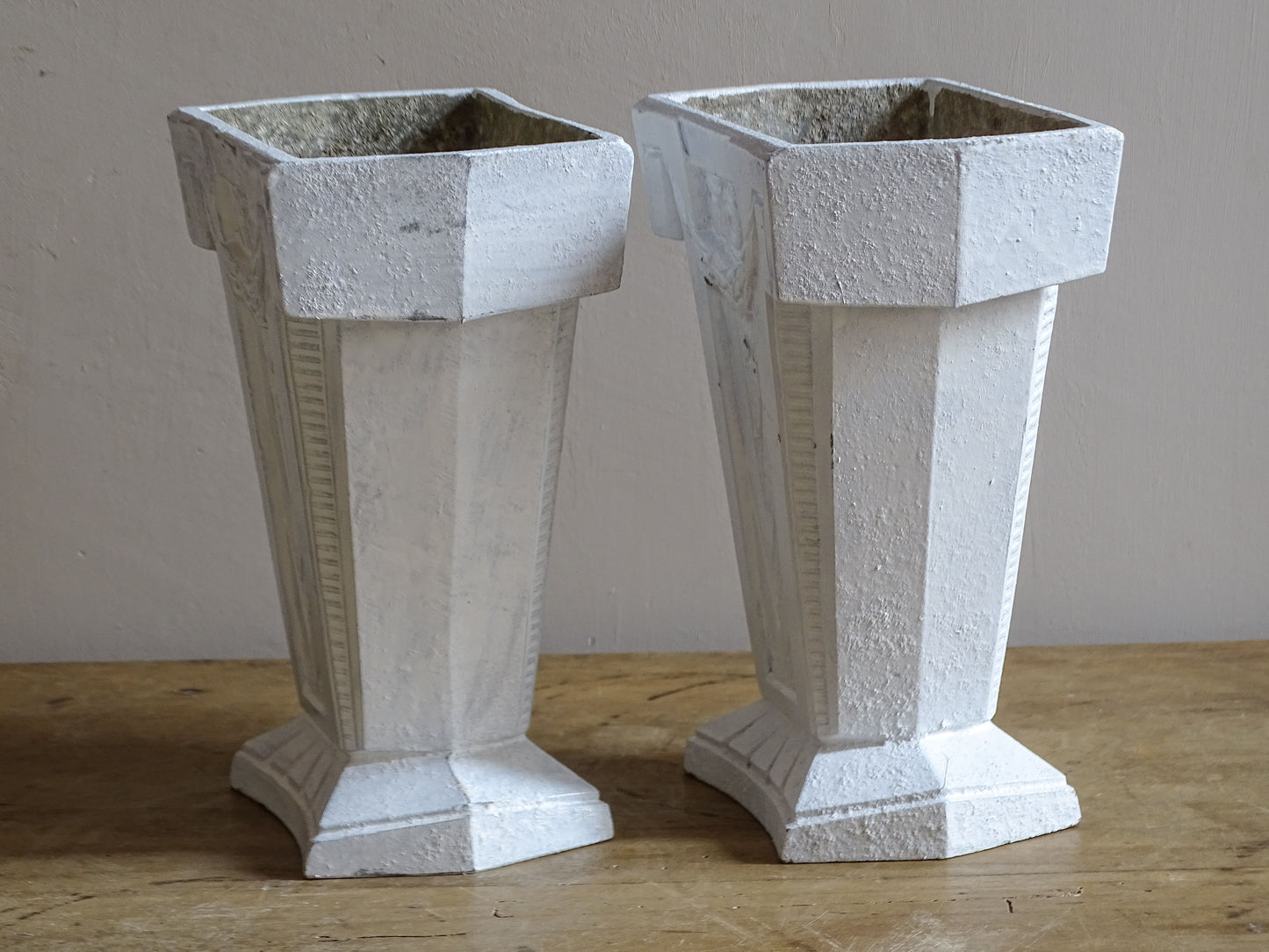 Pair of vintage French aluminium vases with weathered interiors and aged green patina from previous use.