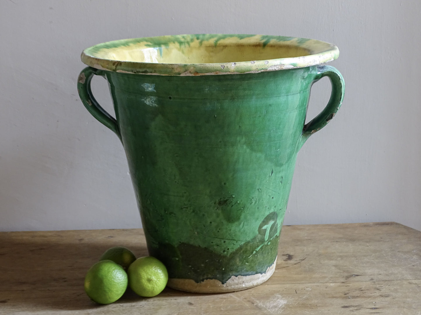 French country garden planter in green glazed antique earthenware