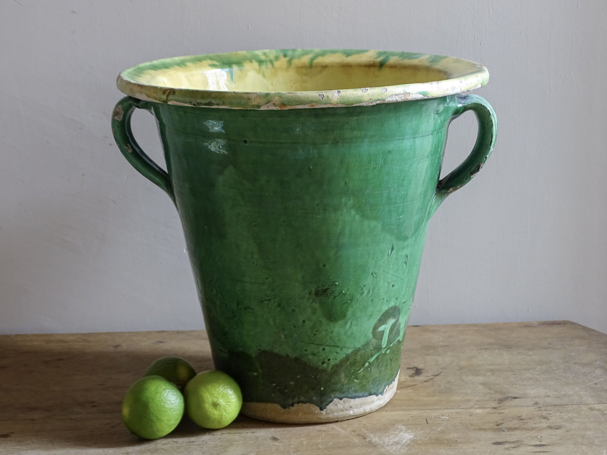 French country garden planter in green glazed antique earthenware