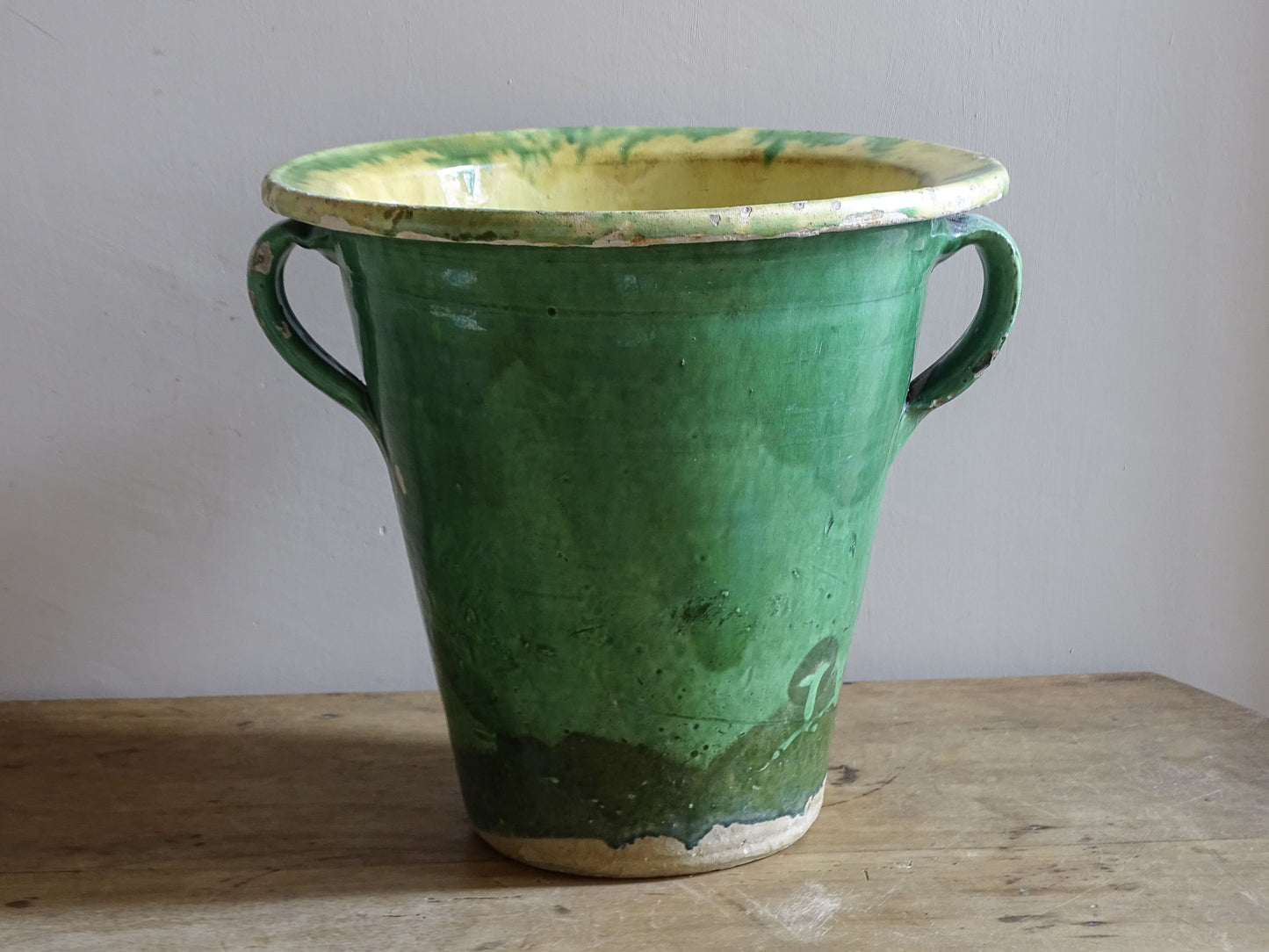 Antique green glazed French planter with twin loop handles
