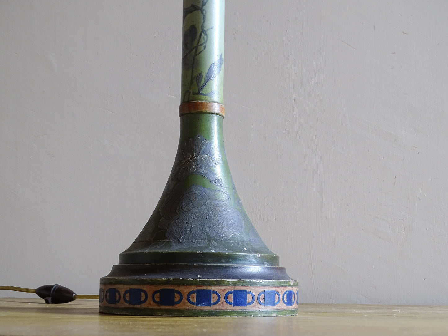 Large Antique French Art Nouveau Painted Wood Lamp with Butterflies & Flowers, c.1910