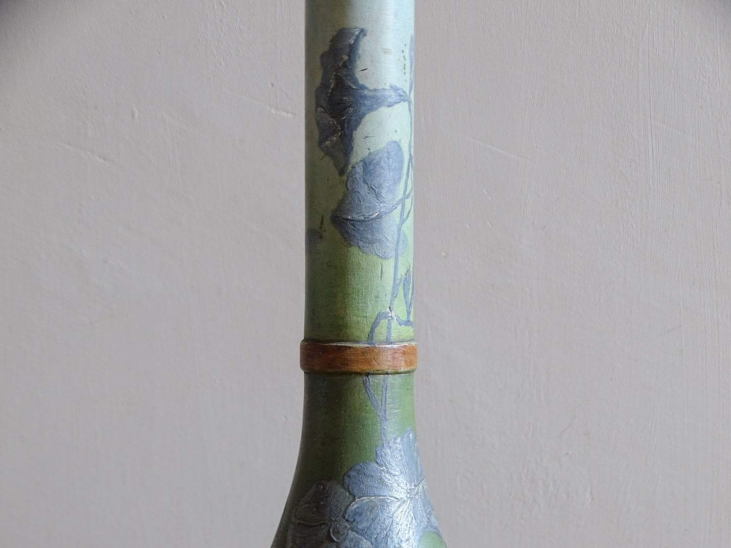 Antique Art Nouveau table lamp with hand-painted butterflies and green floral decoration
