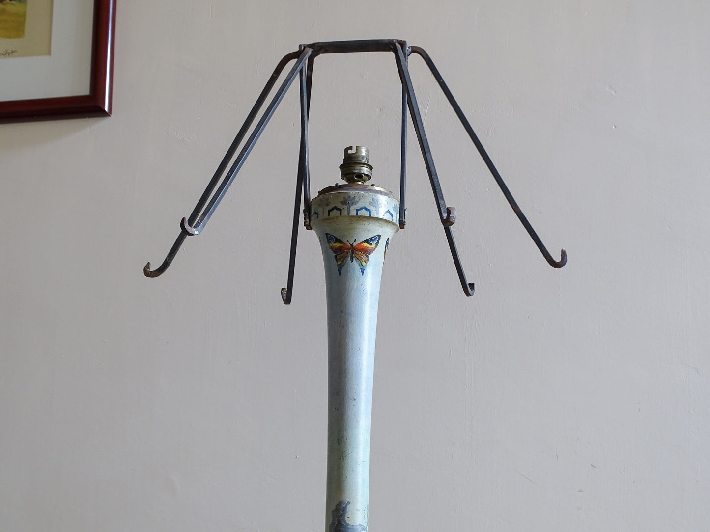 Antique Art Nouveau table lamp with hand-painted butterflies and green floral decoration