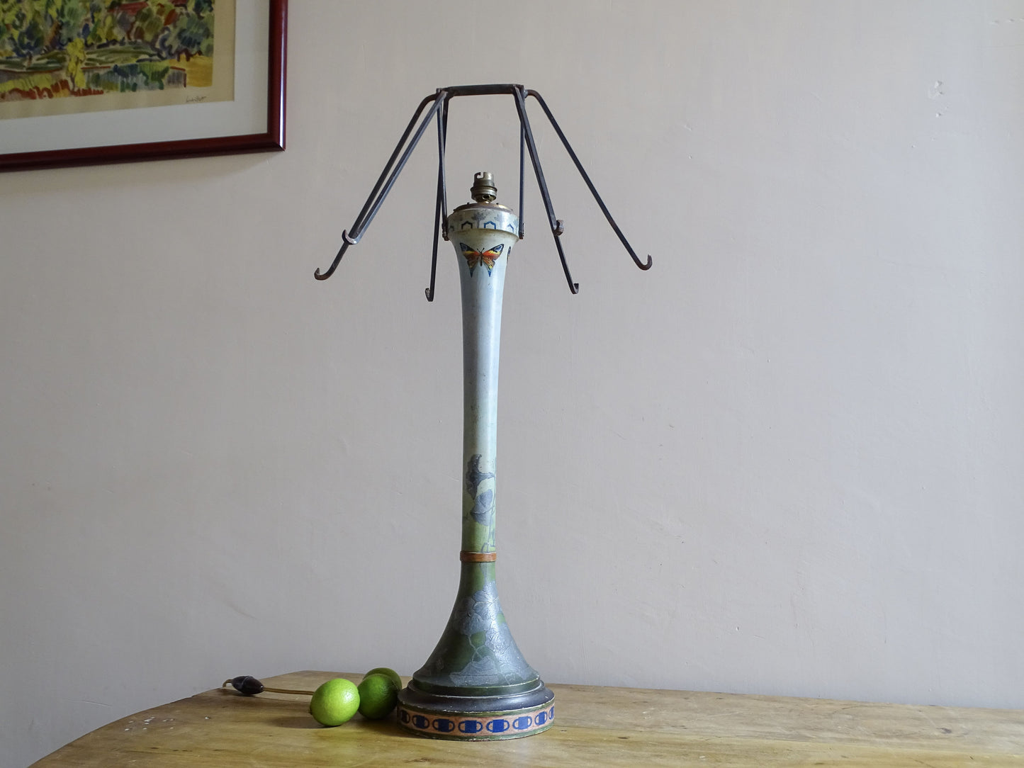 Large antique French Art Nouveau painted wood lamp with floral decoration