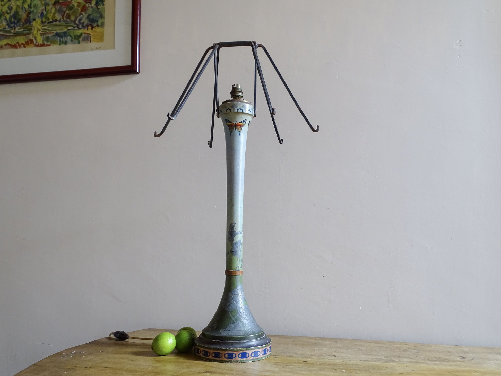 Large antique French Art Nouveau painted wood lamp with floral decoration