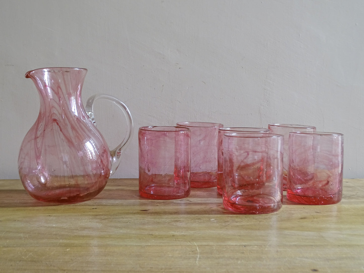 Vintage rose pink glass pitcher and tumbler set