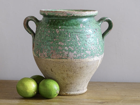 Antique French green glazed confit pot with two handles