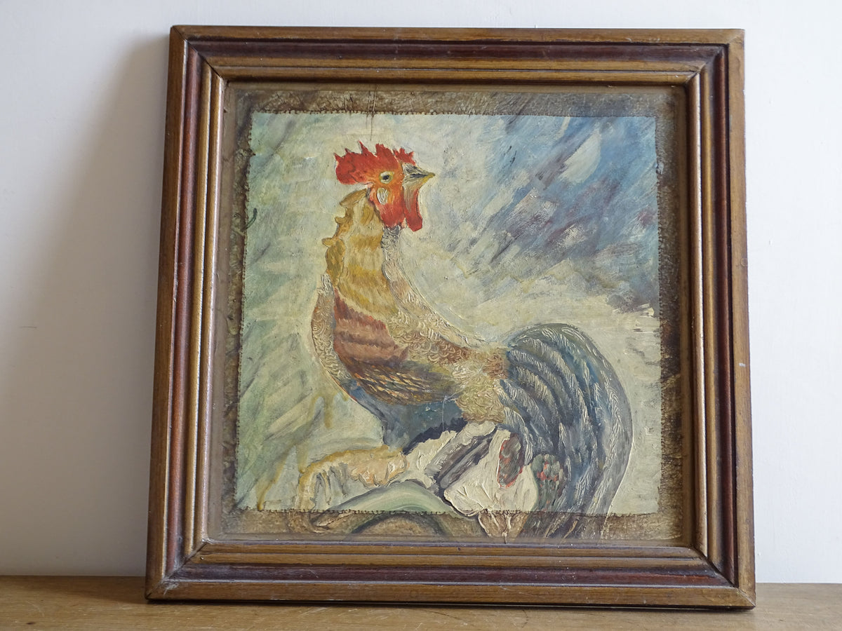 Mid-century French oil painting of a rooster in an age-worn wooden frame