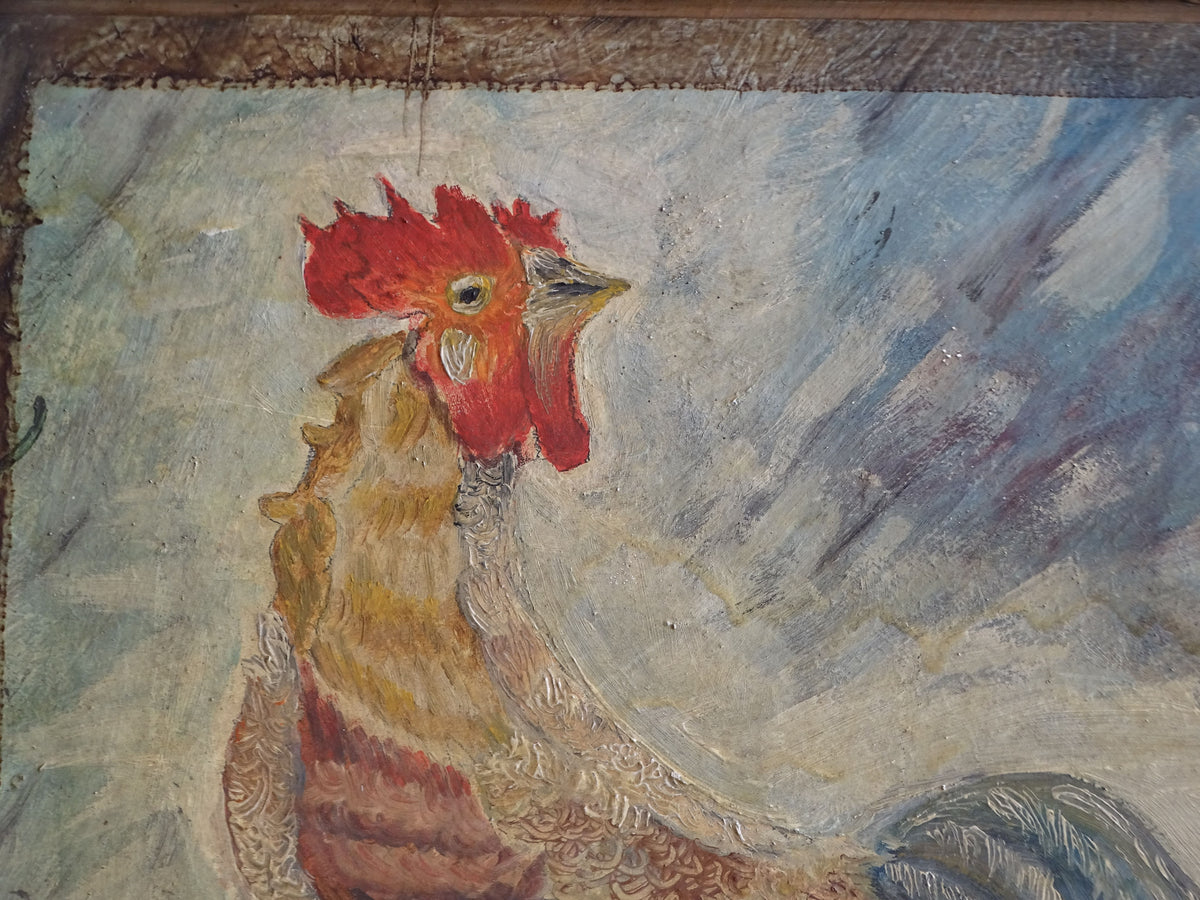 Close-up of rooster head in a mid-century French oil painting