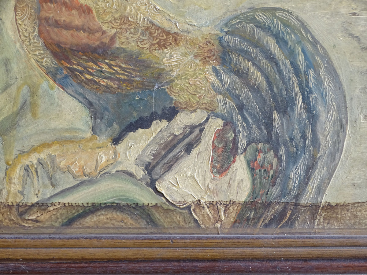 Detail of expressive brushwork and plumage on French rooster oil painting