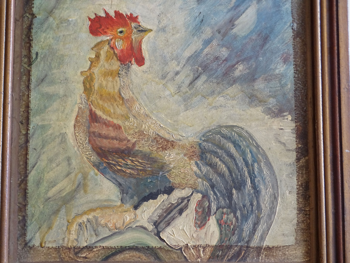 Close-up detail of blue grey tail feathers on mid-century rooster painting