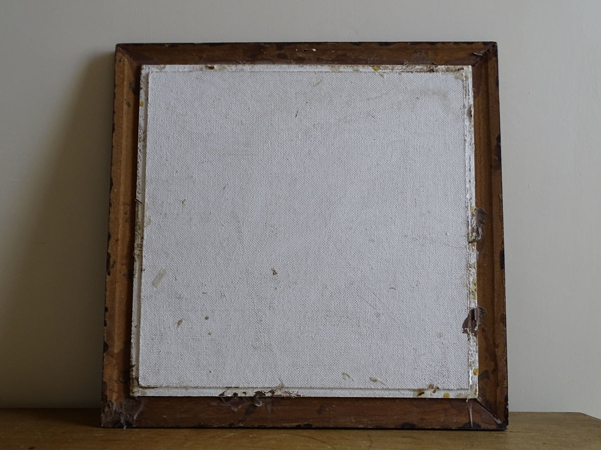 Reverse of mid-century French oil painting showing board and original framing