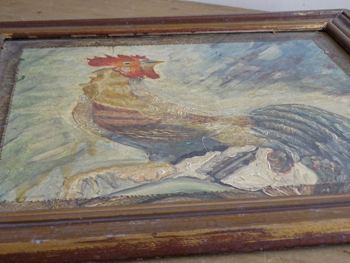 Detail of textured oil paint and brown painted margin on French rooster painting
