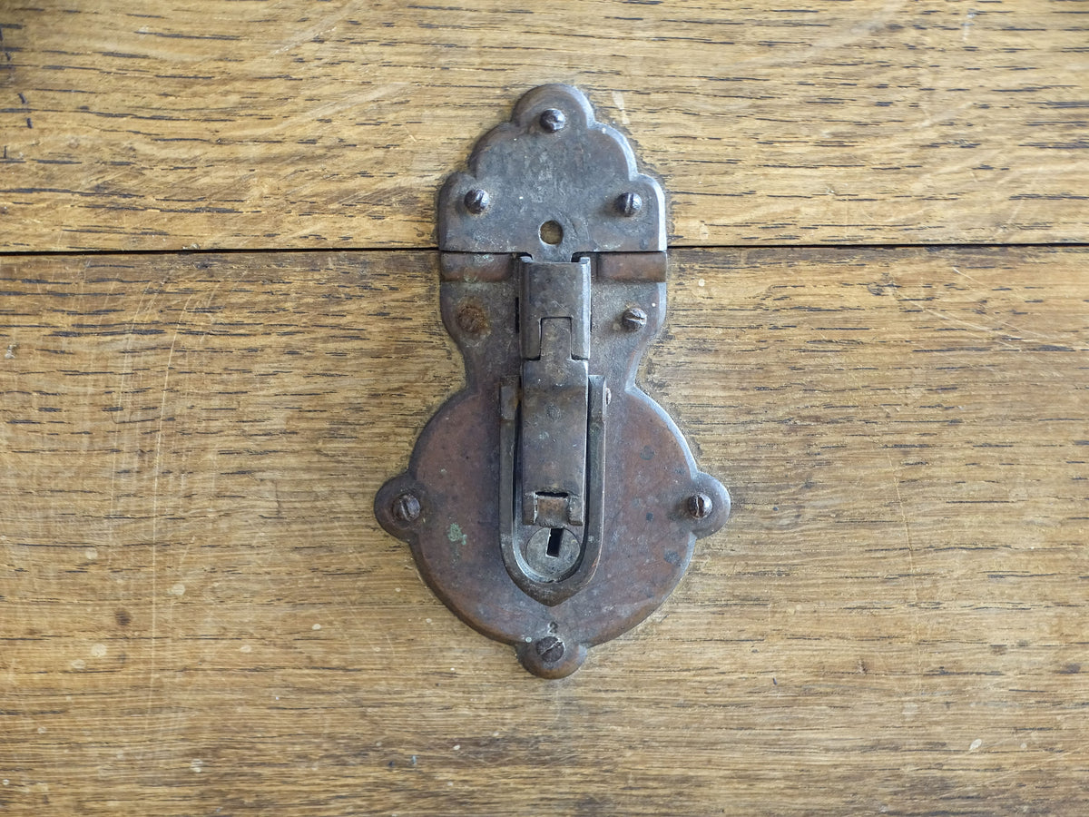 19th century French oak box with exposed finger joints and shaped metal clasp
