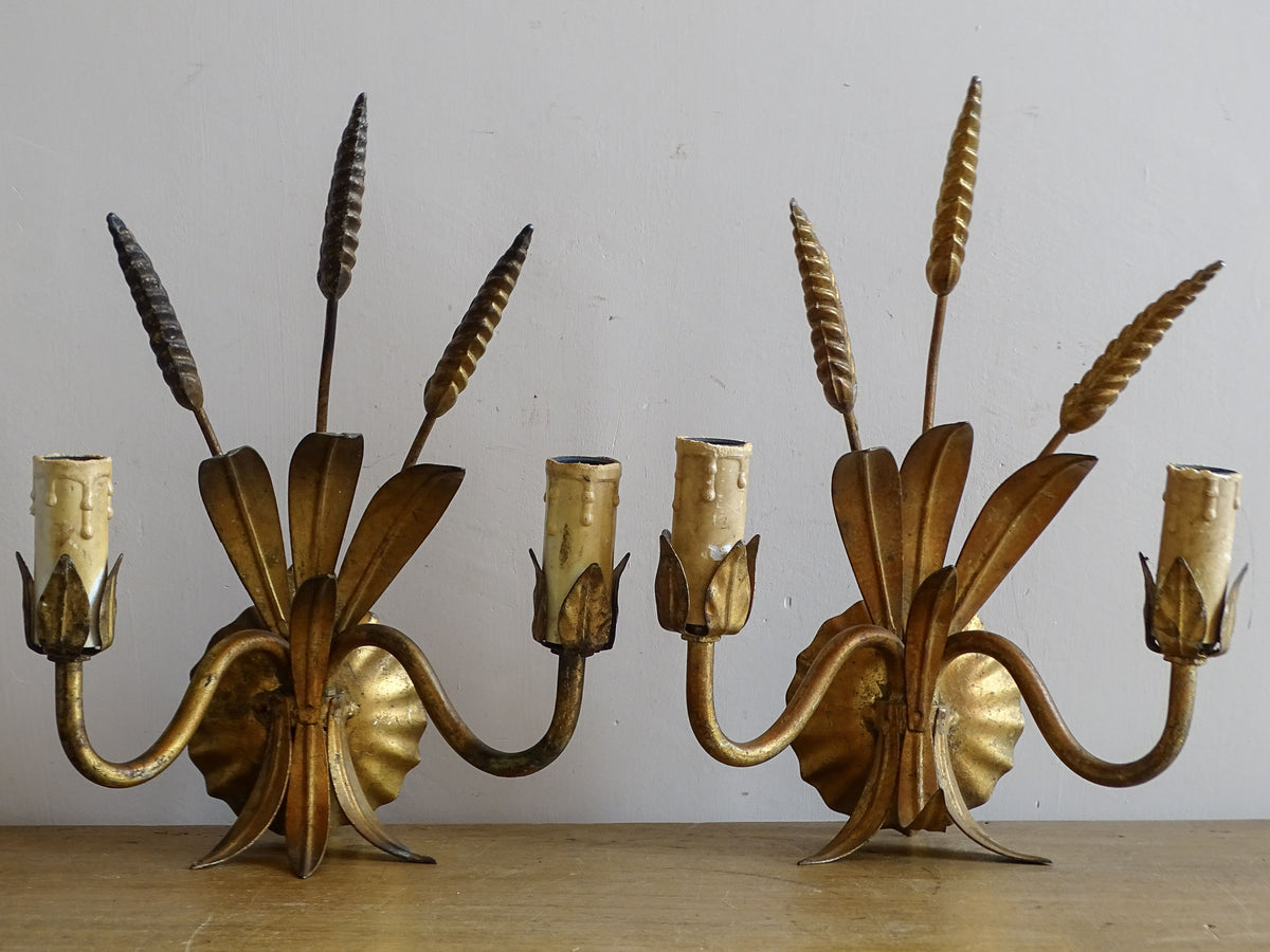 Pair of French mid-century gilt metal wheat sheaf wall lights with twin candle arms