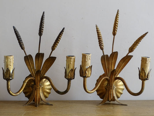 Pair of French mid-century gilt metal wheat sheaf wall lights with twin candle arms