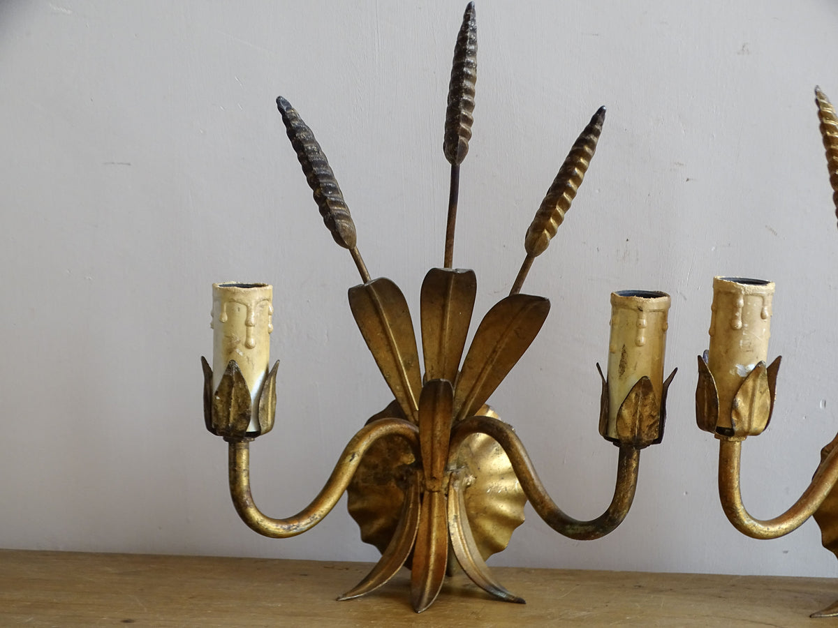 Front view of French mid-century gilt metal wheat sheaf wall light