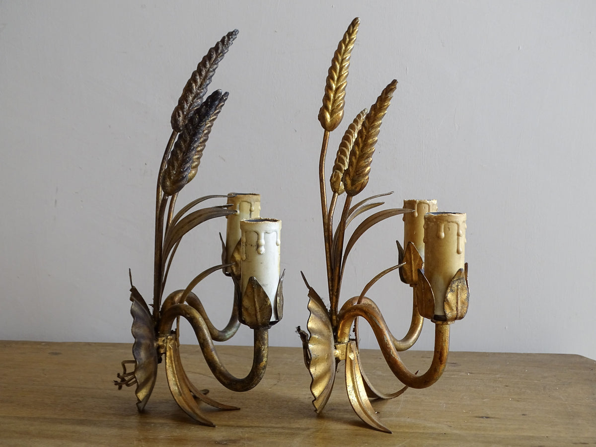 Side view of pair of French gilt metal wheat sheaf wall lights showing projection