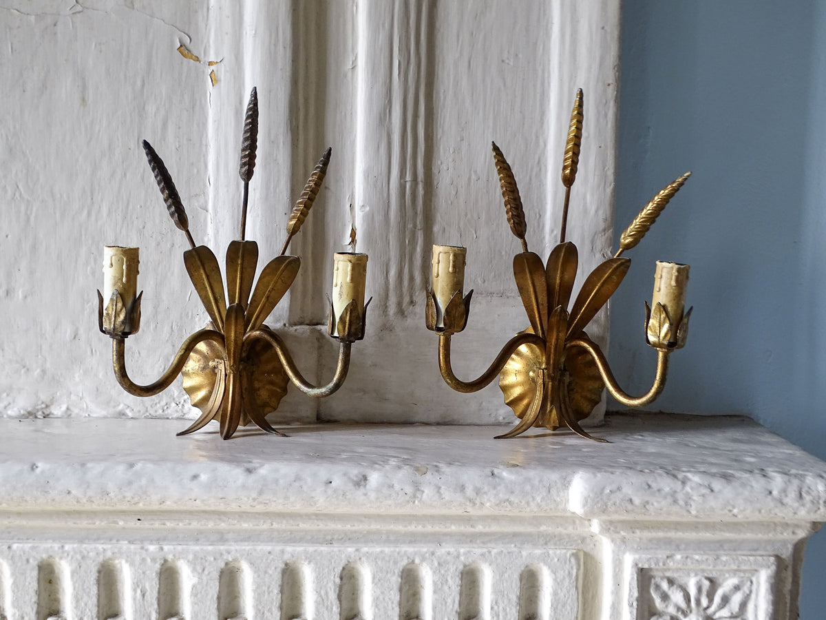 Pair of French mid-century gilt metal wheat sheaf wall lights with twin candle arms