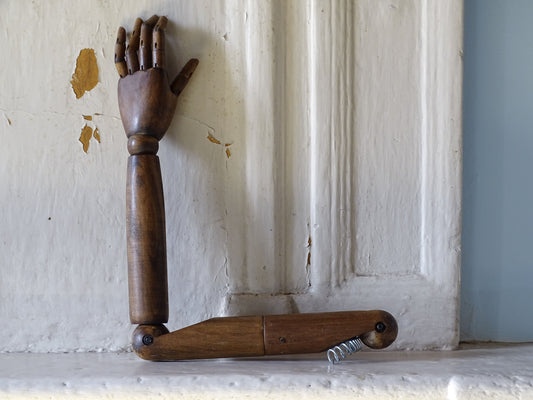 mid-century articulated wooden mannequin arm with sprung shoulder fitting