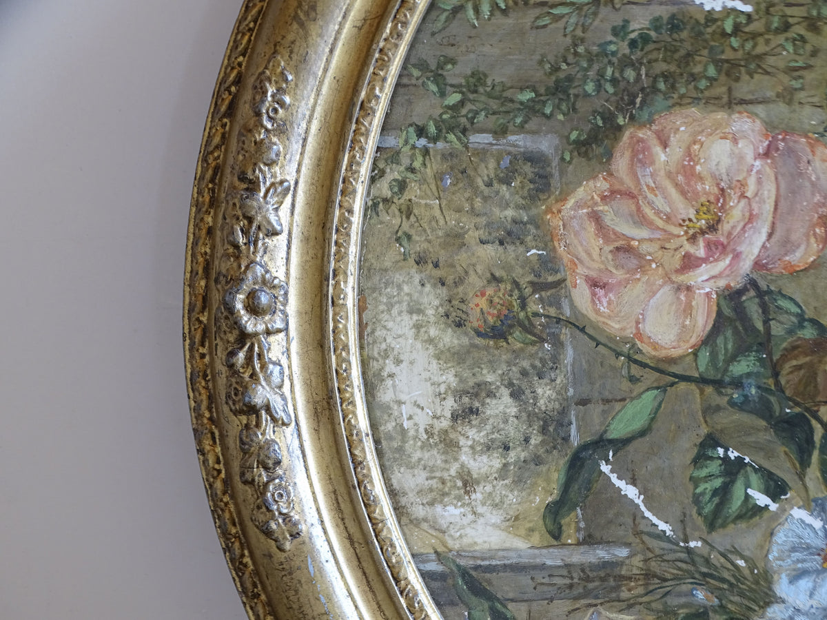 Detail of 19th-century floral ceramic painting showing pink rose and layered garden foliage