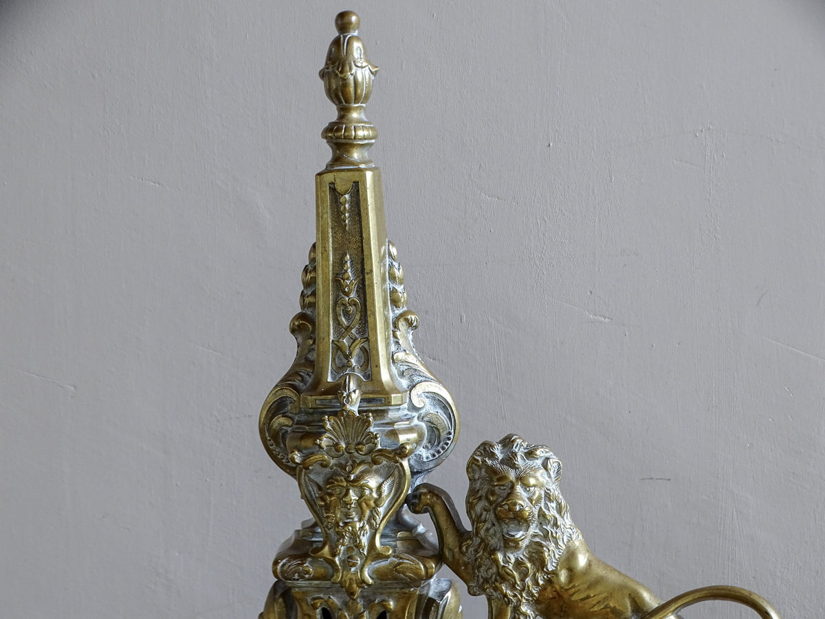 Lion and decorative upright on a French Napoleon III brass fireplace fender