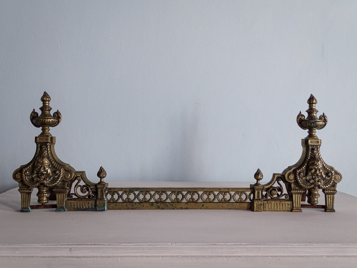 Complete Napoleon III brass fireplace fender and matching chenets shown with the adjustable connecting section extended