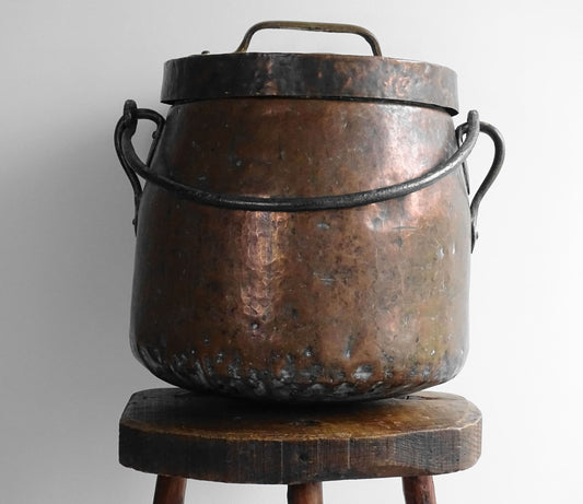 Large Antique 18th Century French Copper Cauldron or Cooking Pot with Lid, Wrought Iron Handle and Curved Base