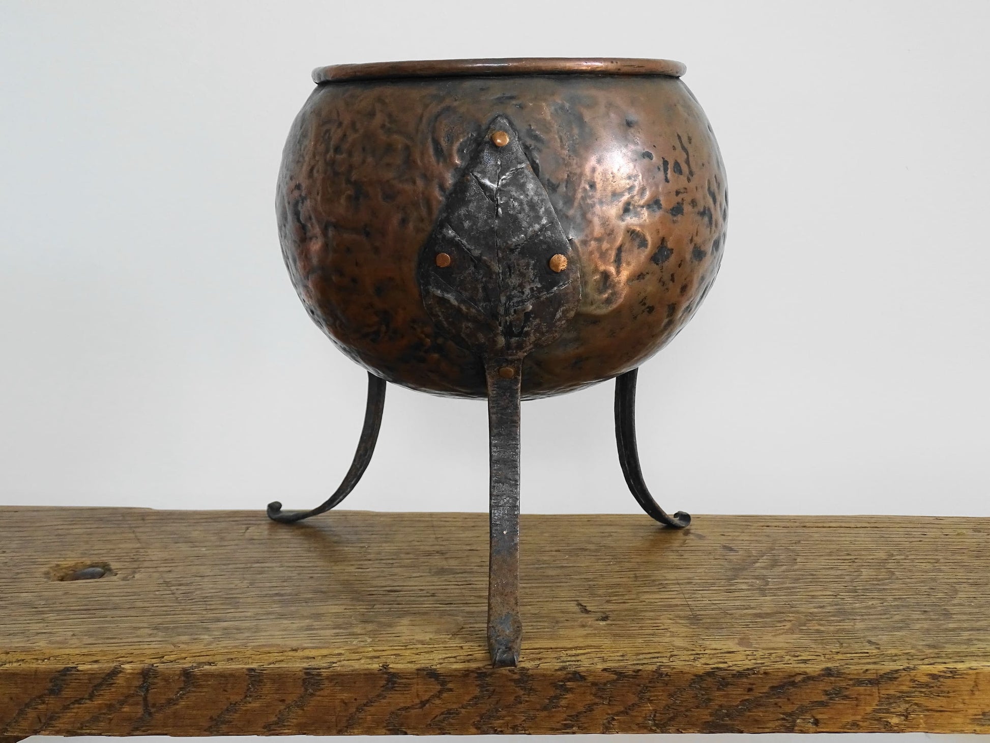 Antique Arts and Crafts Copper Planter with Tripod Base and Leaf Design