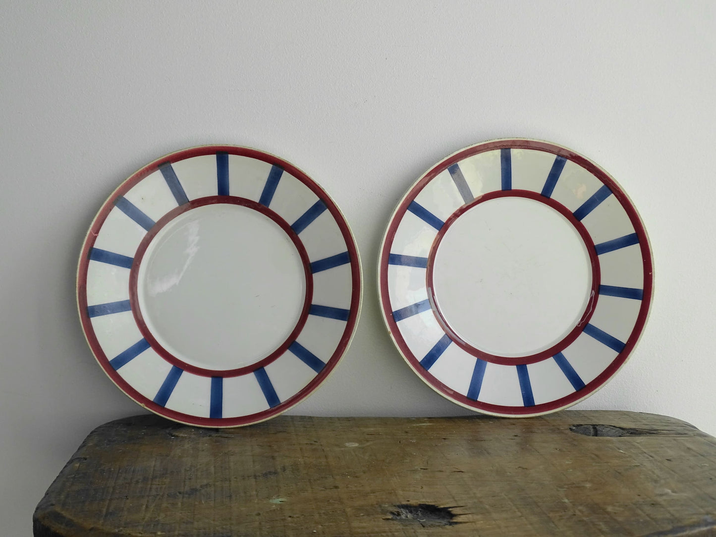 Pair of Antique Basque Side Plates Bearn HBCM with Red and Blue Check