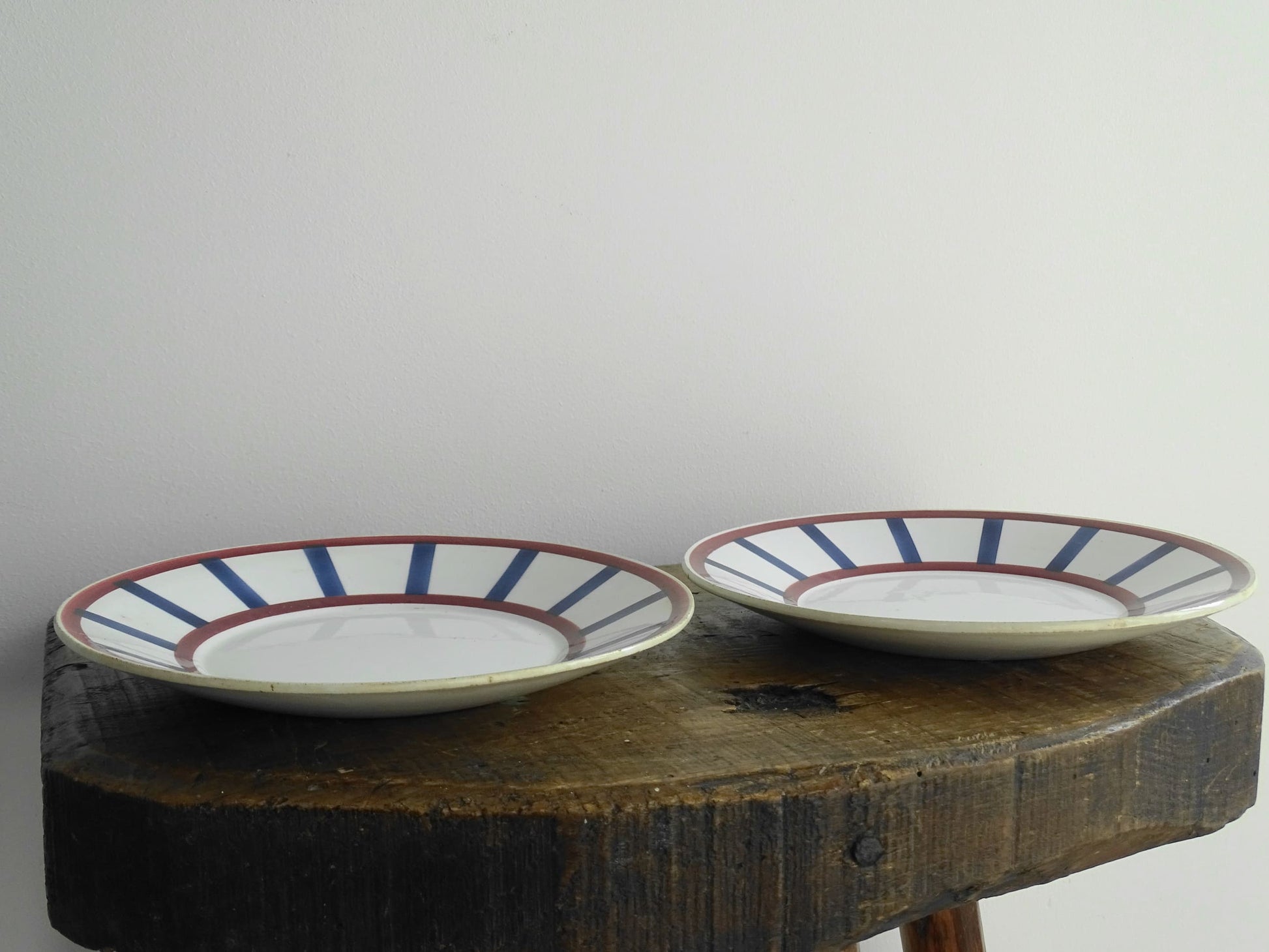 Pair of Antique Basque Side Plates Bearn HBCM with Red and Blue Check