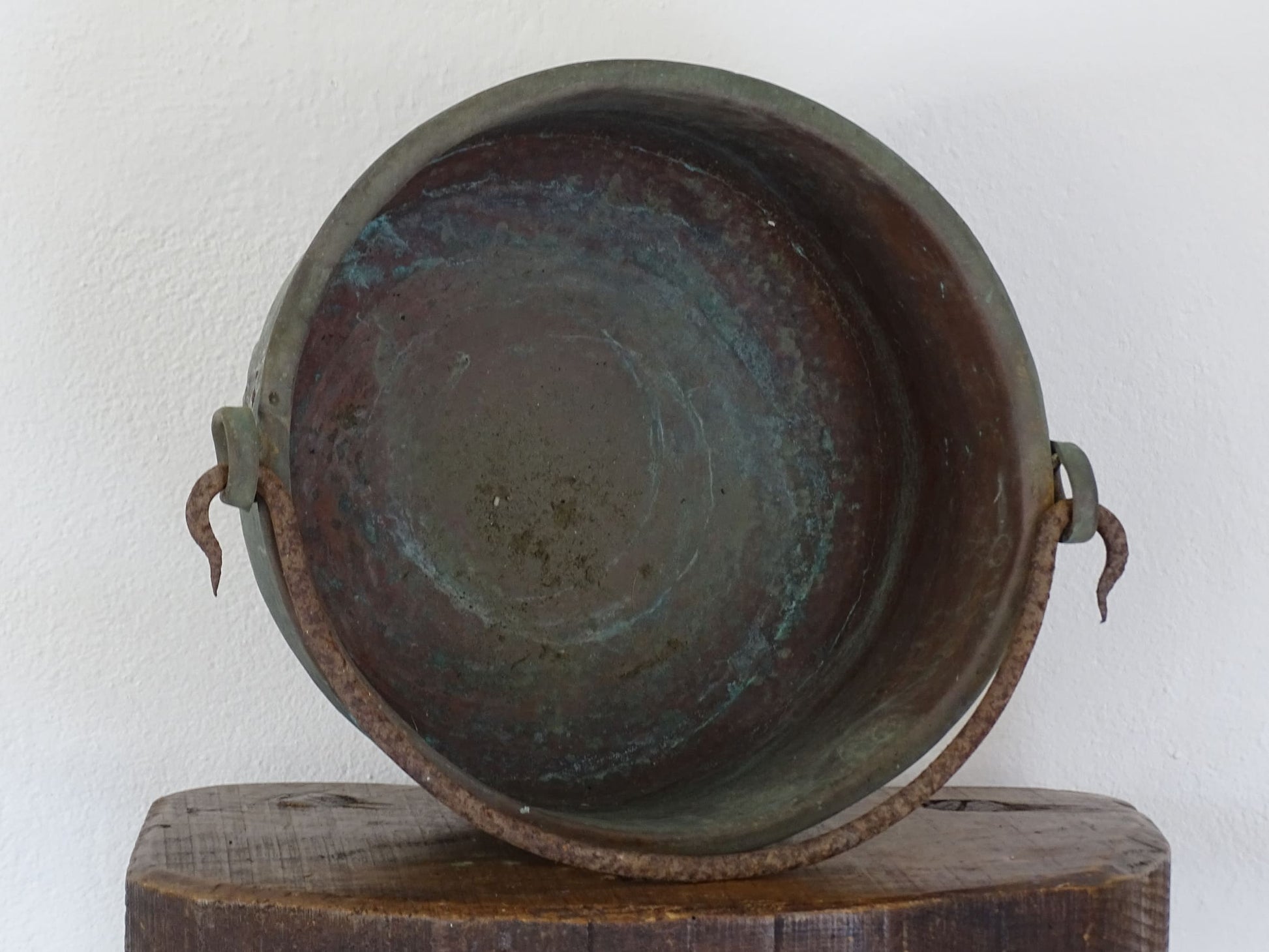 Worn Antique Copper Cauldron with Verdigris 