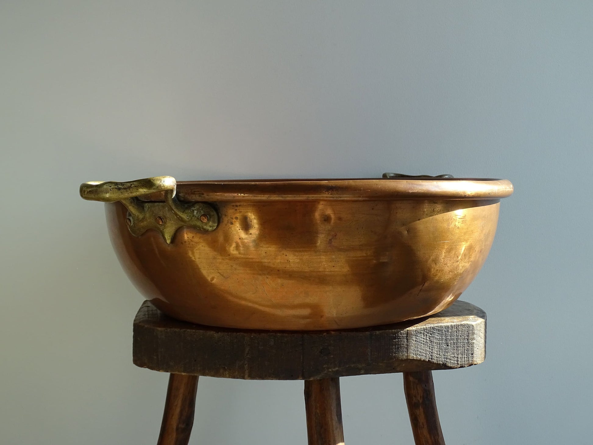 Large Antique Copper Confiture Pan with Brass Handles