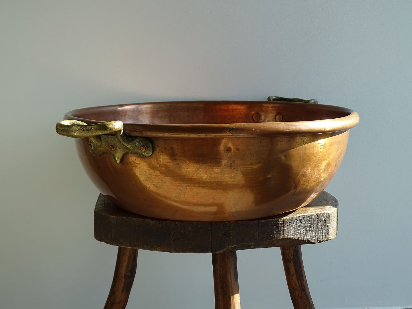 Large Antique Copper Confiture Pan with Brass Handles