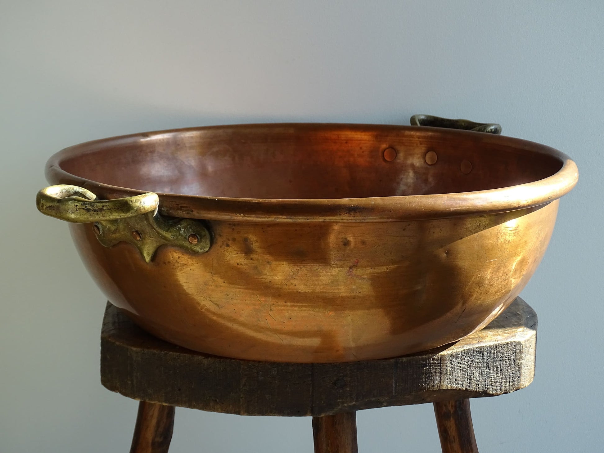 Large Antique Copper Confiture Pan with Brass Handles