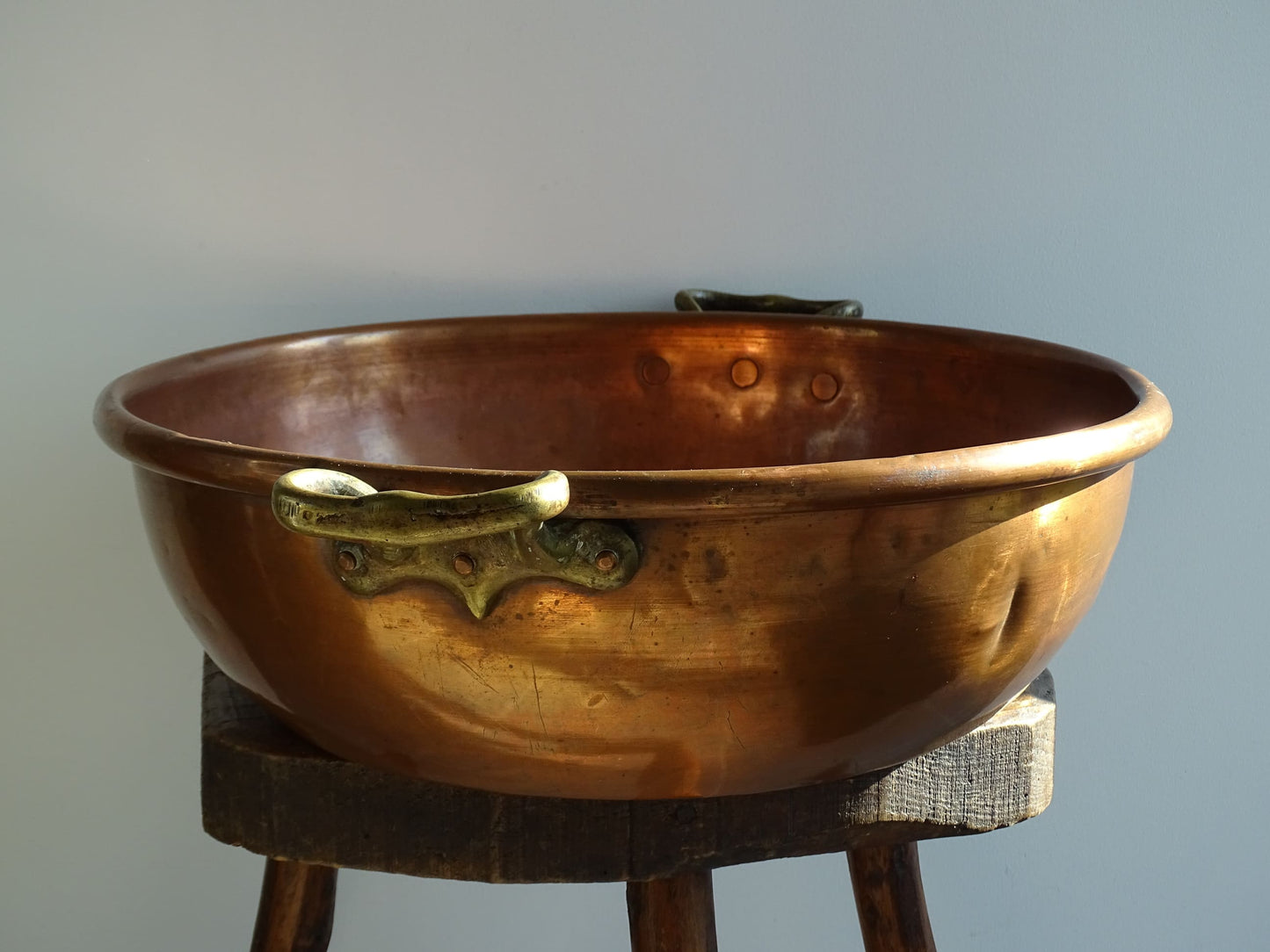 Large Antique Copper Confiture Pan with Brass Handles