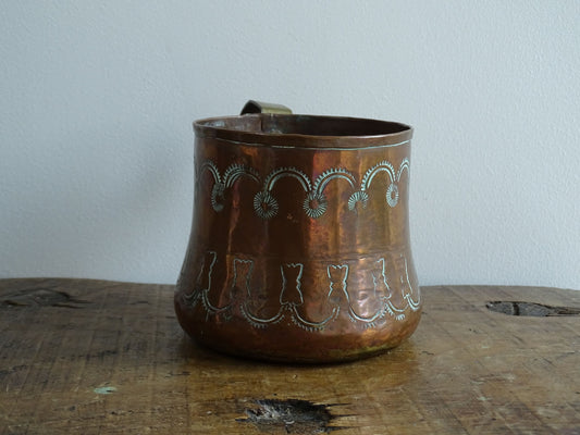 Antique Copper Tankard with Etched Design and Brass Handle