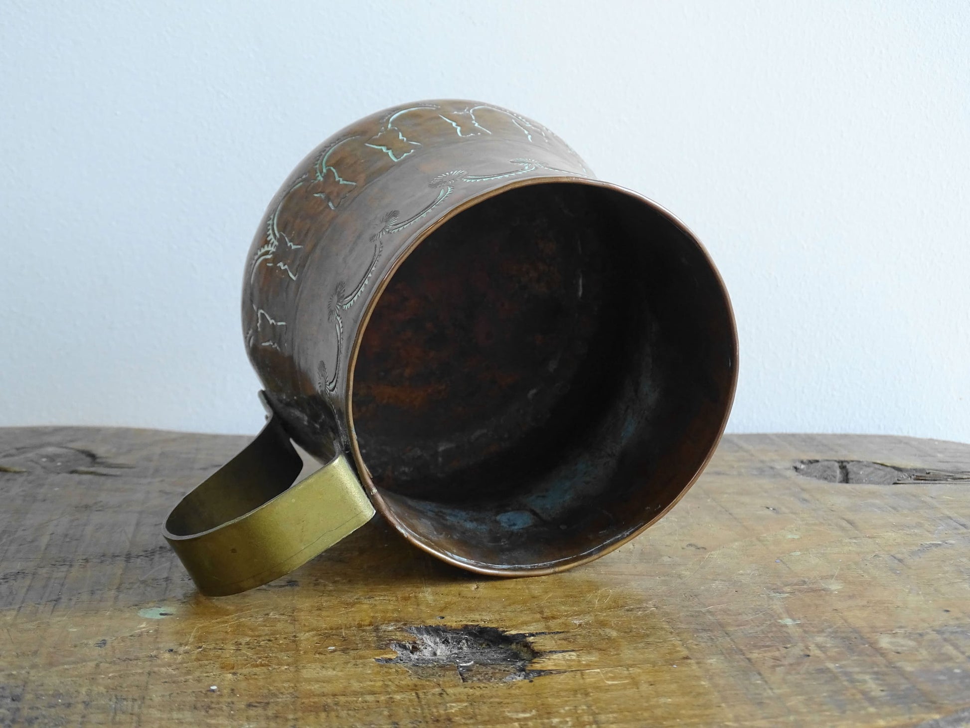 Antique Copper Tankard with Etched Design and Brass Handle