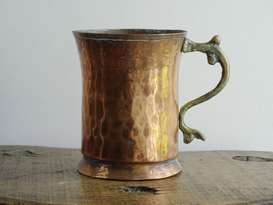 Antique Hammered Copper Tankard with Brass Handle