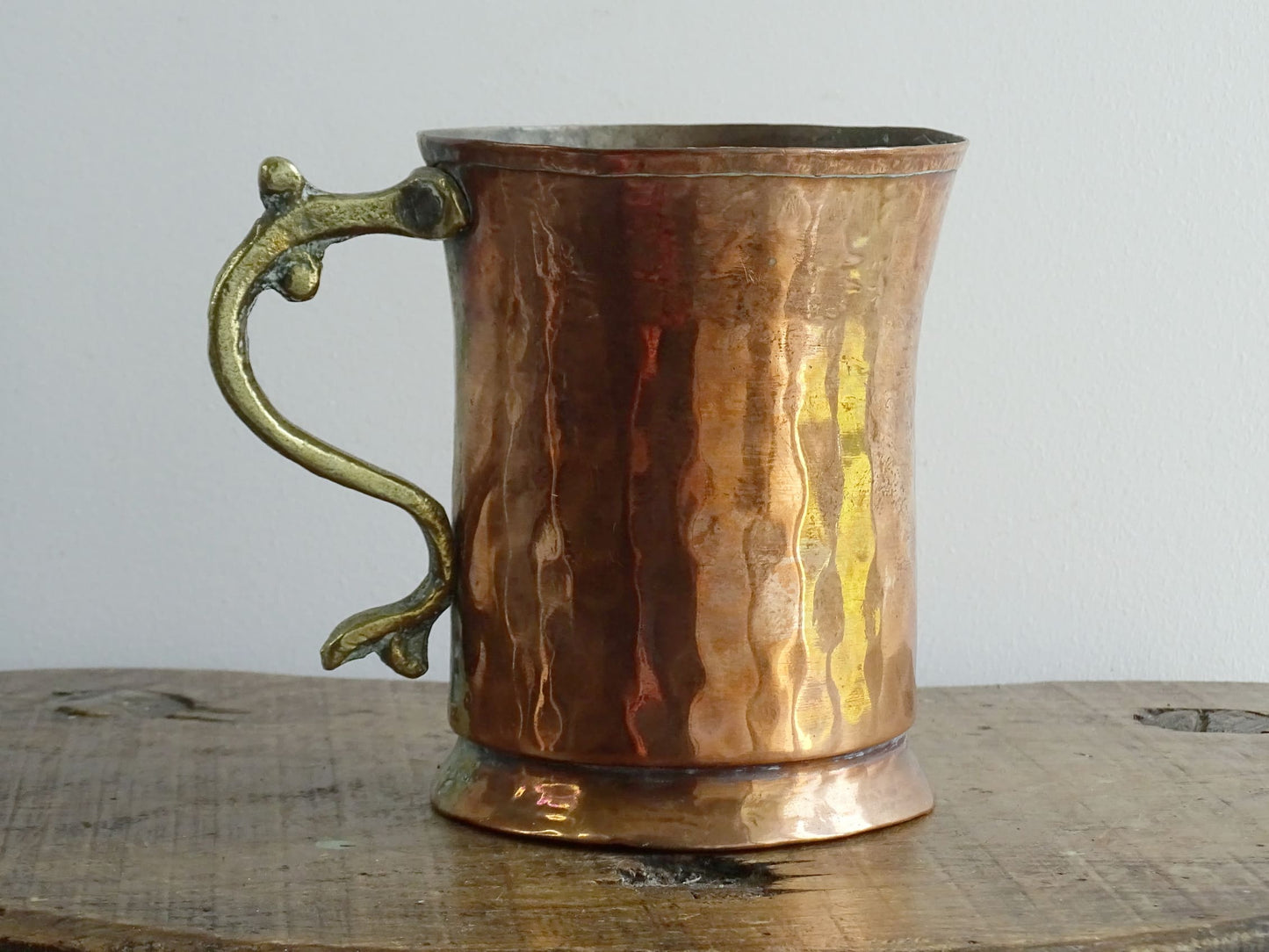 Antique Hammered Copper Tankard with Brass Handle