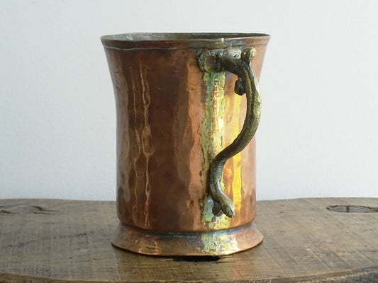 Antique Hammered Copper Tankard with Brass Handle