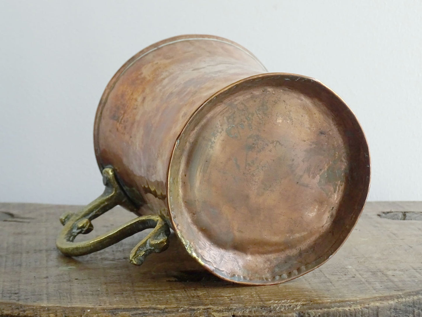 Antique Hammered Copper Tankard with Brass Handle