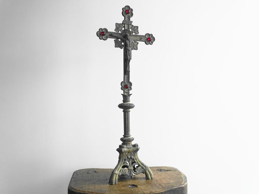 Antique French Altar Cross with Tripod Base and Red Glass Stones, Antique French Table Inri Crucifix, Standing Cross