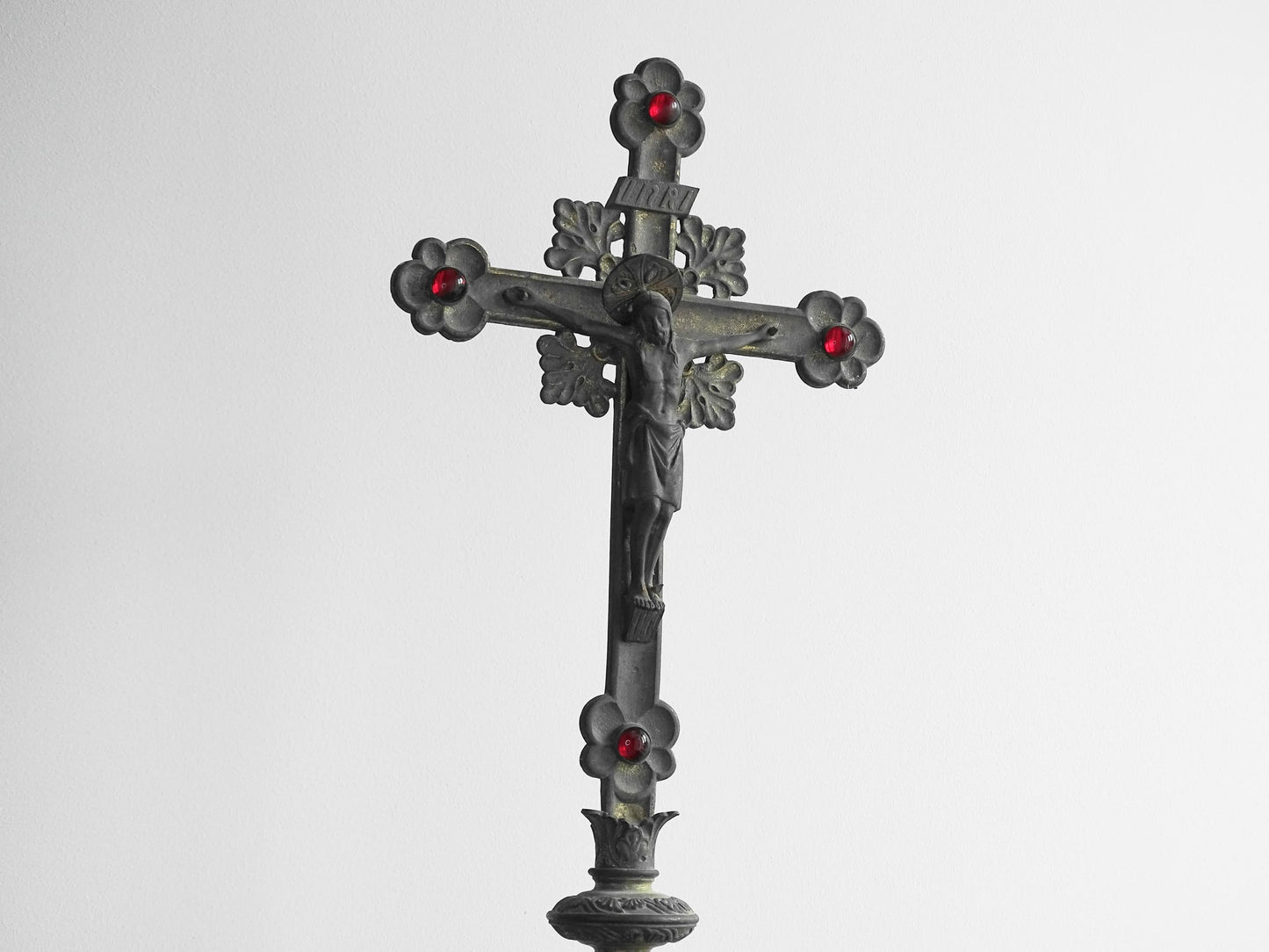 Antique French Altar Cross with Tripod Base and Red Glass Stones, Antique French Table Inri Crucifix, Standing Cross